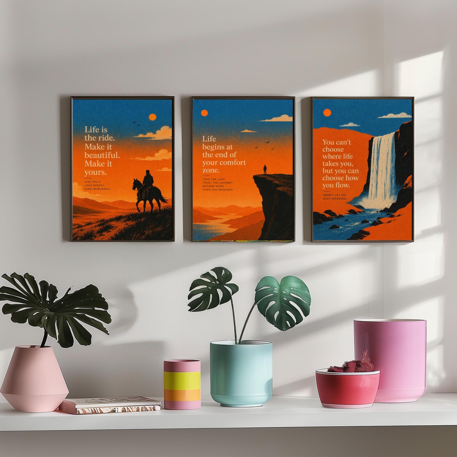 Set of Three Sunset Adventure Quote Art Prints - Motivational Wall Art - Inspirational Poster Illustration Gift Decor V2