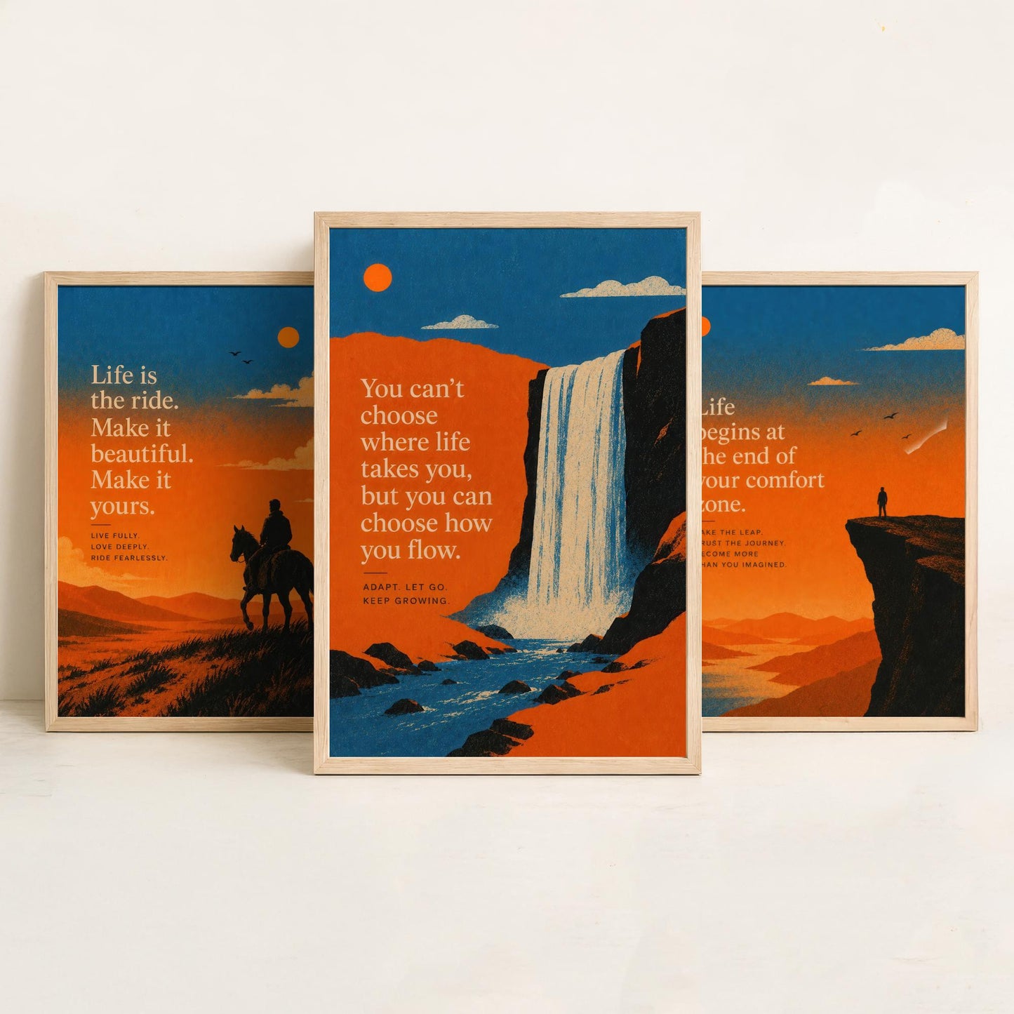 Set of Three Sunset Adventure Quote Art Prints - Motivational Wall Art - Inspirational Poster Illustration Gift Decor V2