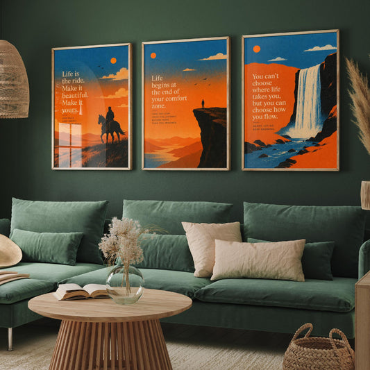 Set of Three Sunset Adventure Quote Art Prints - Motivational Wall Art - Inspirational Poster Illustration Gift Decor V2