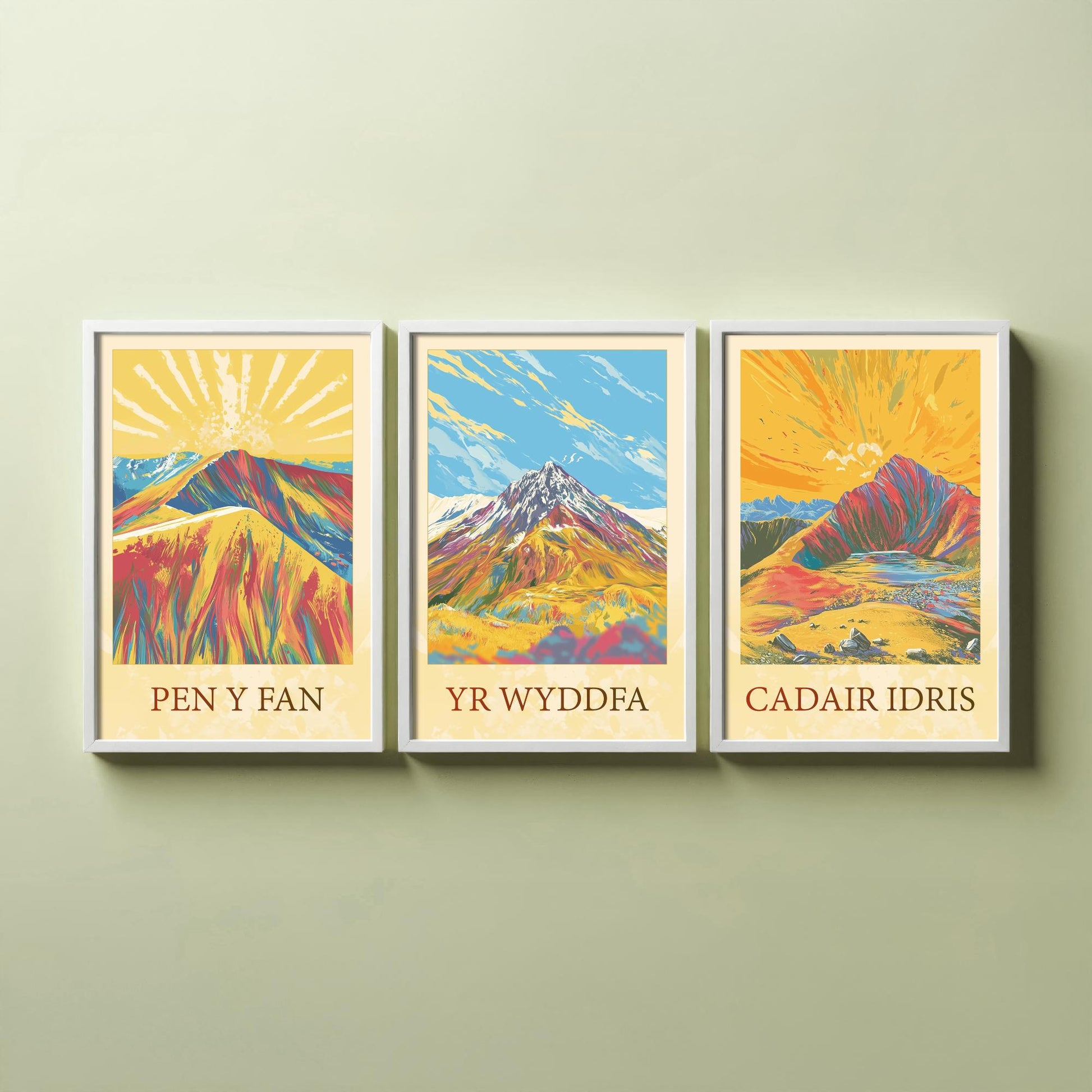 Peaks of Wales Set of Three Art Prints - Pen y Fan, Yr Wyddfa, Cadair Idris Mountain Posters - Sunny Illustration Gift