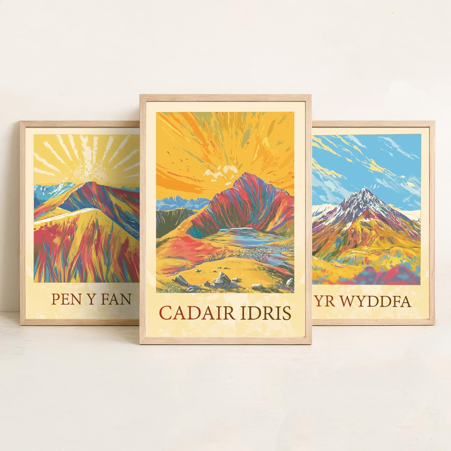 Peaks of Wales Set of Three Art Prints - Pen y Fan, Yr Wyddfa, Cadair Idris Mountain Posters - Sunny Illustration Gift