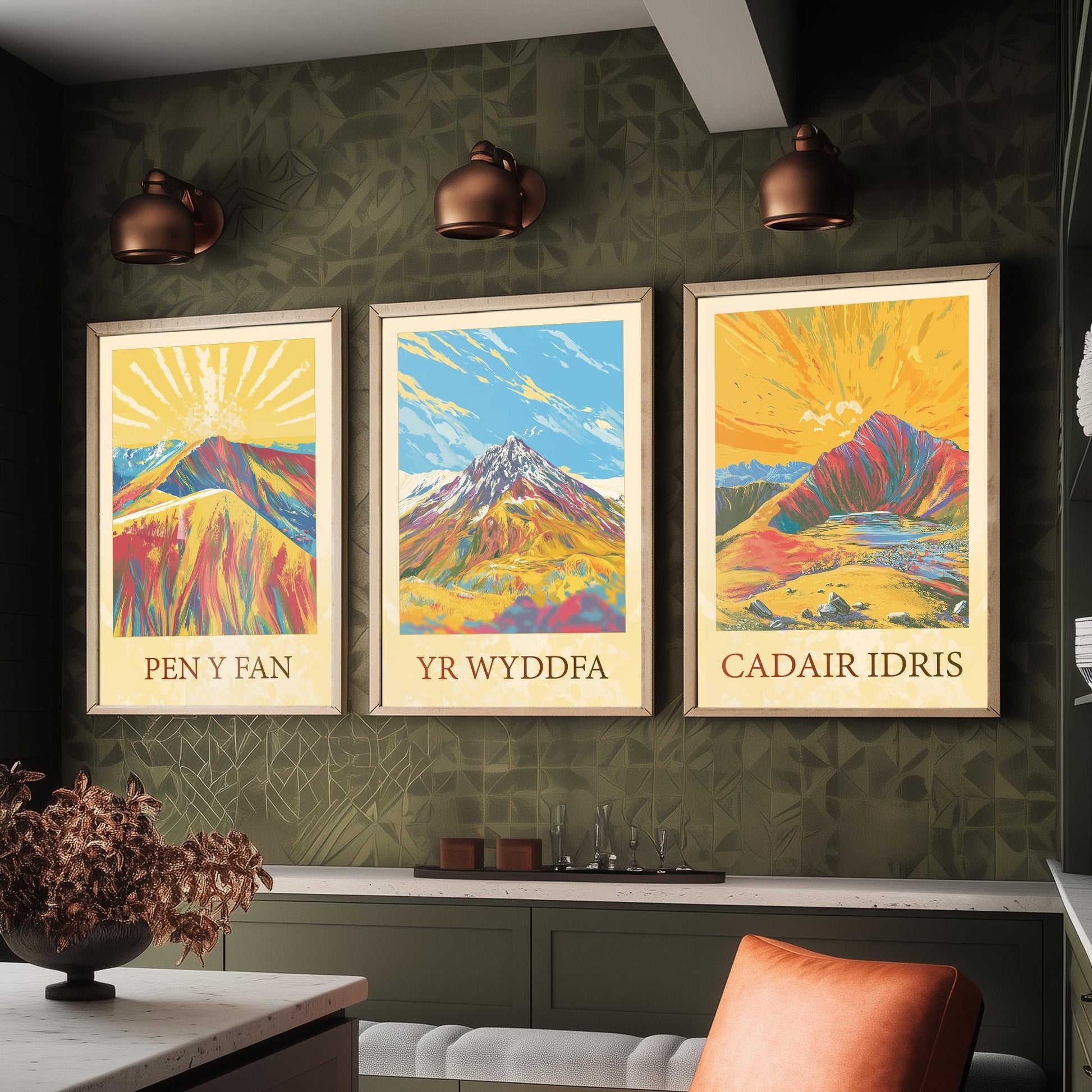 Peaks of Wales Set of Three Art Prints - Pen y Fan, Yr Wyddfa, Cadair Idris Mountain Posters - Sunny Illustration Gift