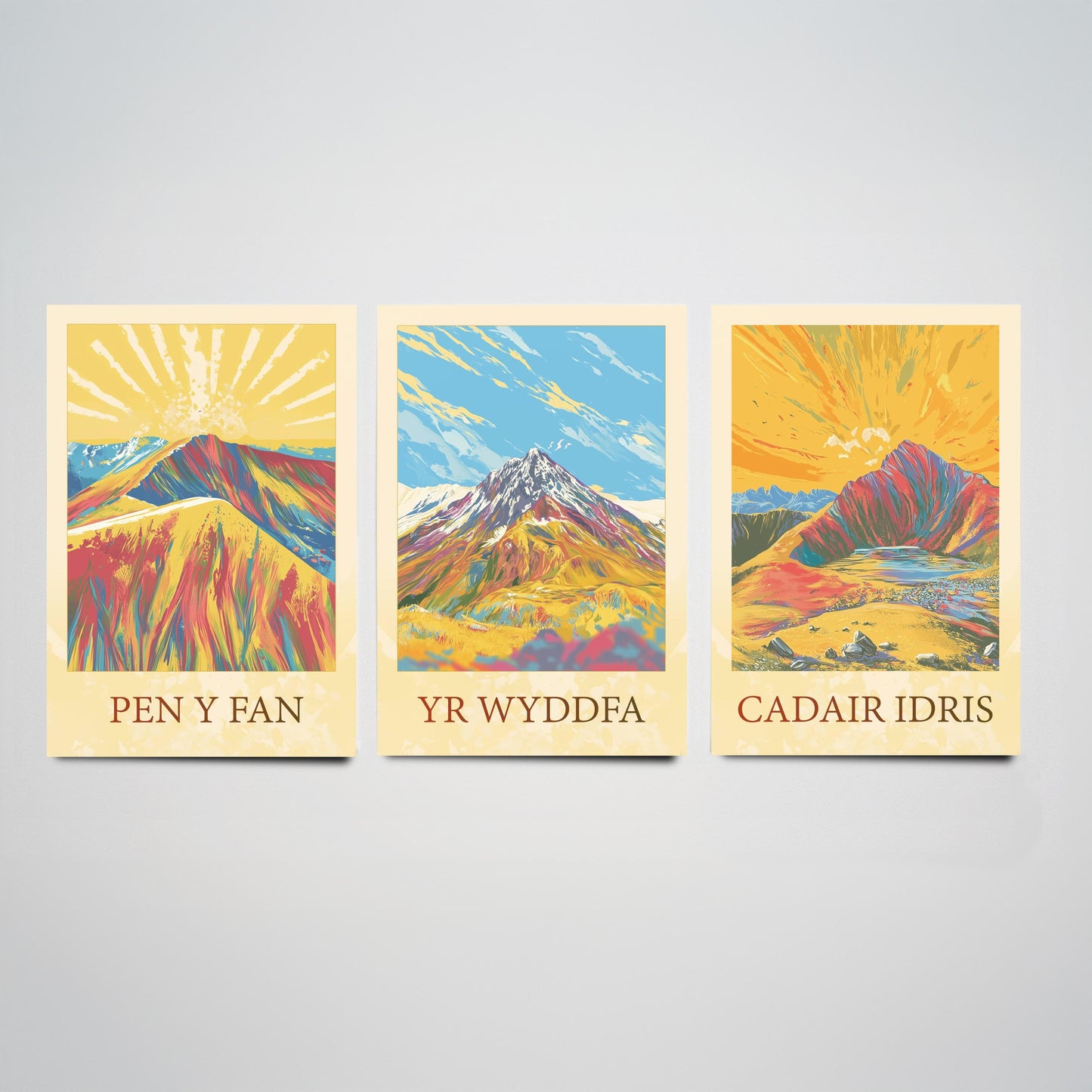 Peaks of Wales Set of Three Art Prints - Pen y Fan, Yr Wyddfa, Cadair Idris Mountain Posters - Sunny Illustration Gift