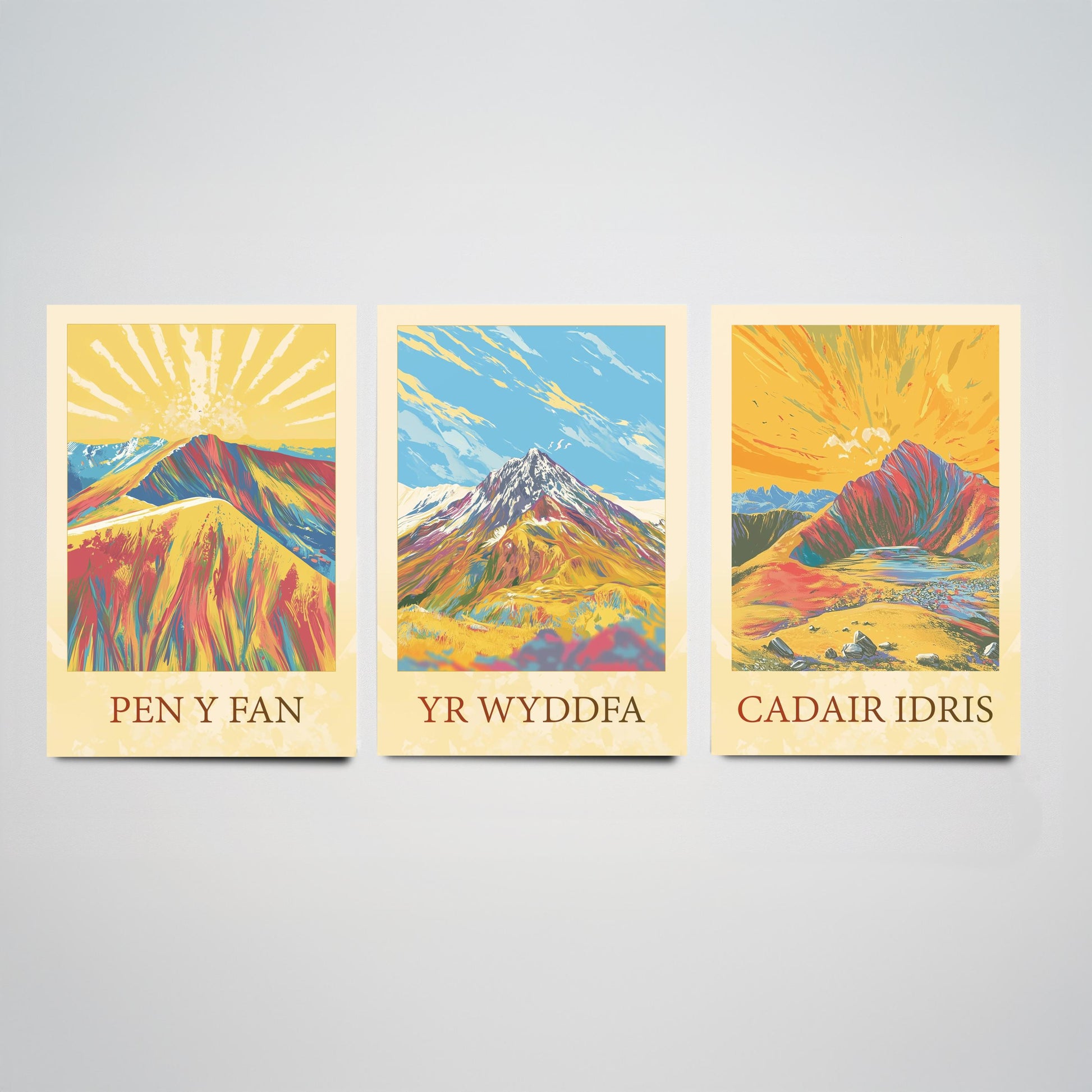 Peaks of Wales Set of Three Art Prints - Pen y Fan, Yr Wyddfa, Cadair Idris Mountain Posters - Sunny Illustration Gift