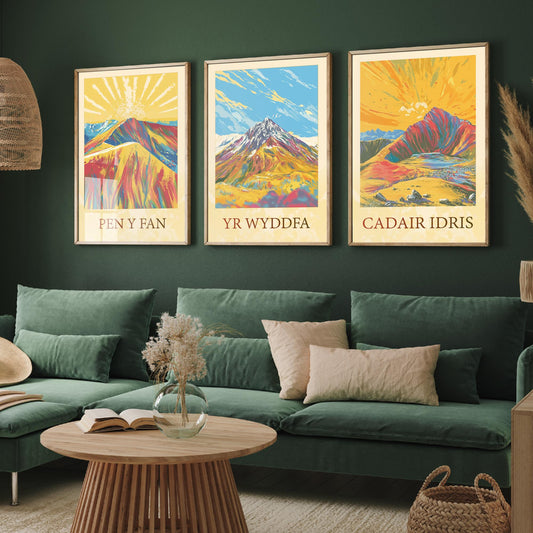 Peaks of Wales Set of Three Art Prints - Pen y Fan, Yr Wyddfa, Cadair Idris Mountain Posters - Sunny Illustration Gift
