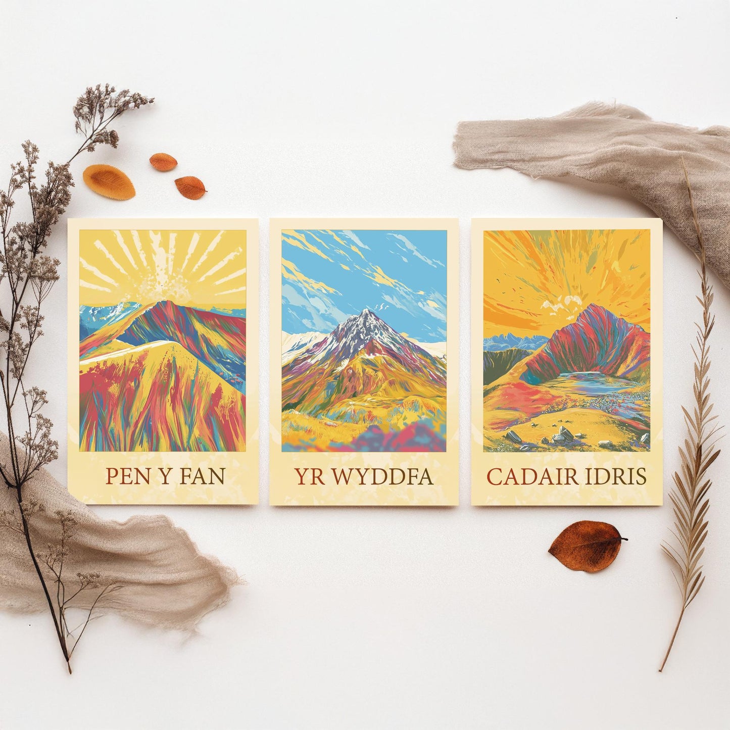 Peaks of Wales Set of Three Art Prints - Pen y Fan, Yr Wyddfa, Cadair Idris Mountain Posters - Sunny Illustration Gift