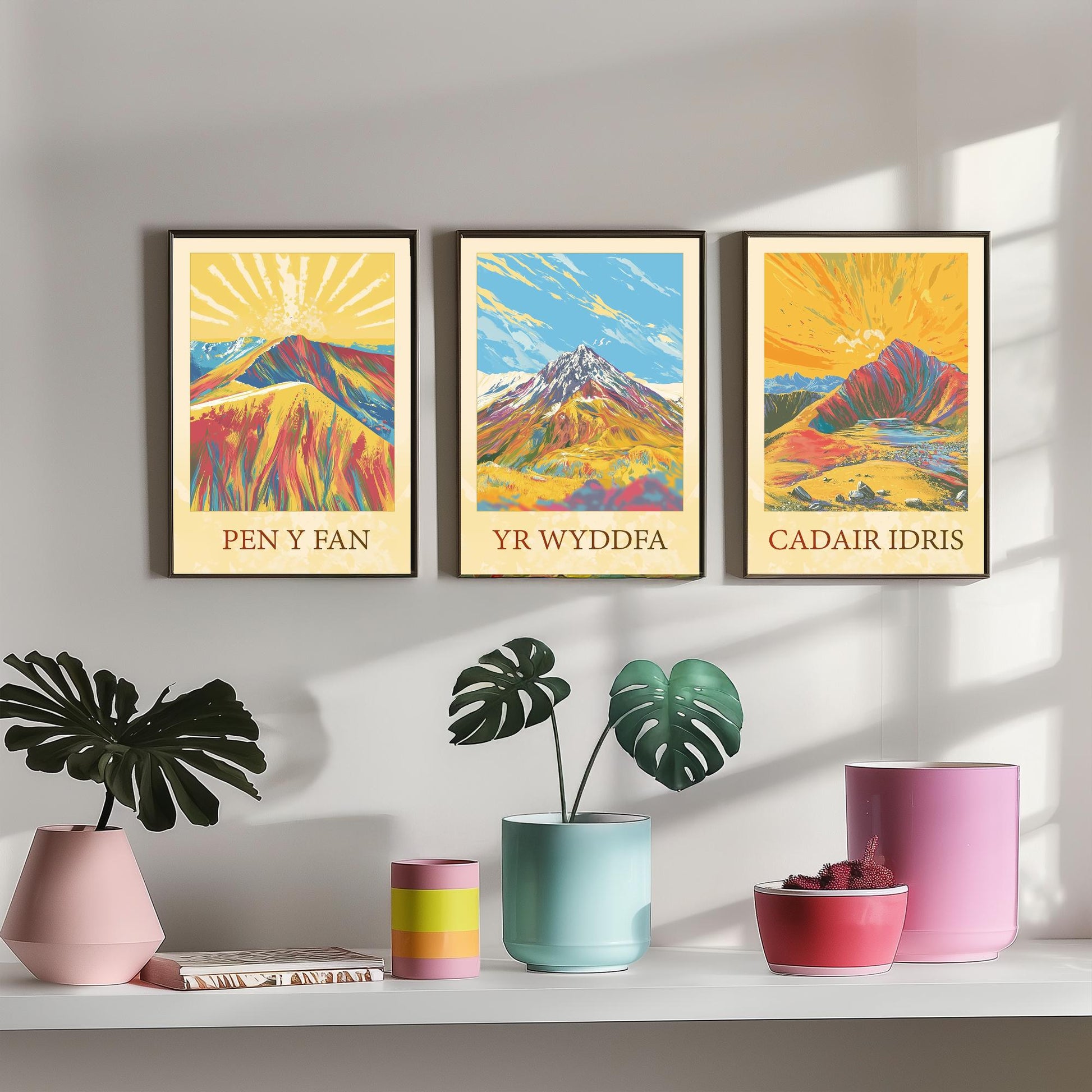 Peaks of Wales Set of Three Art Prints - Pen y Fan, Yr Wyddfa, Cadair Idris Mountain Posters - Sunny Illustration Gift