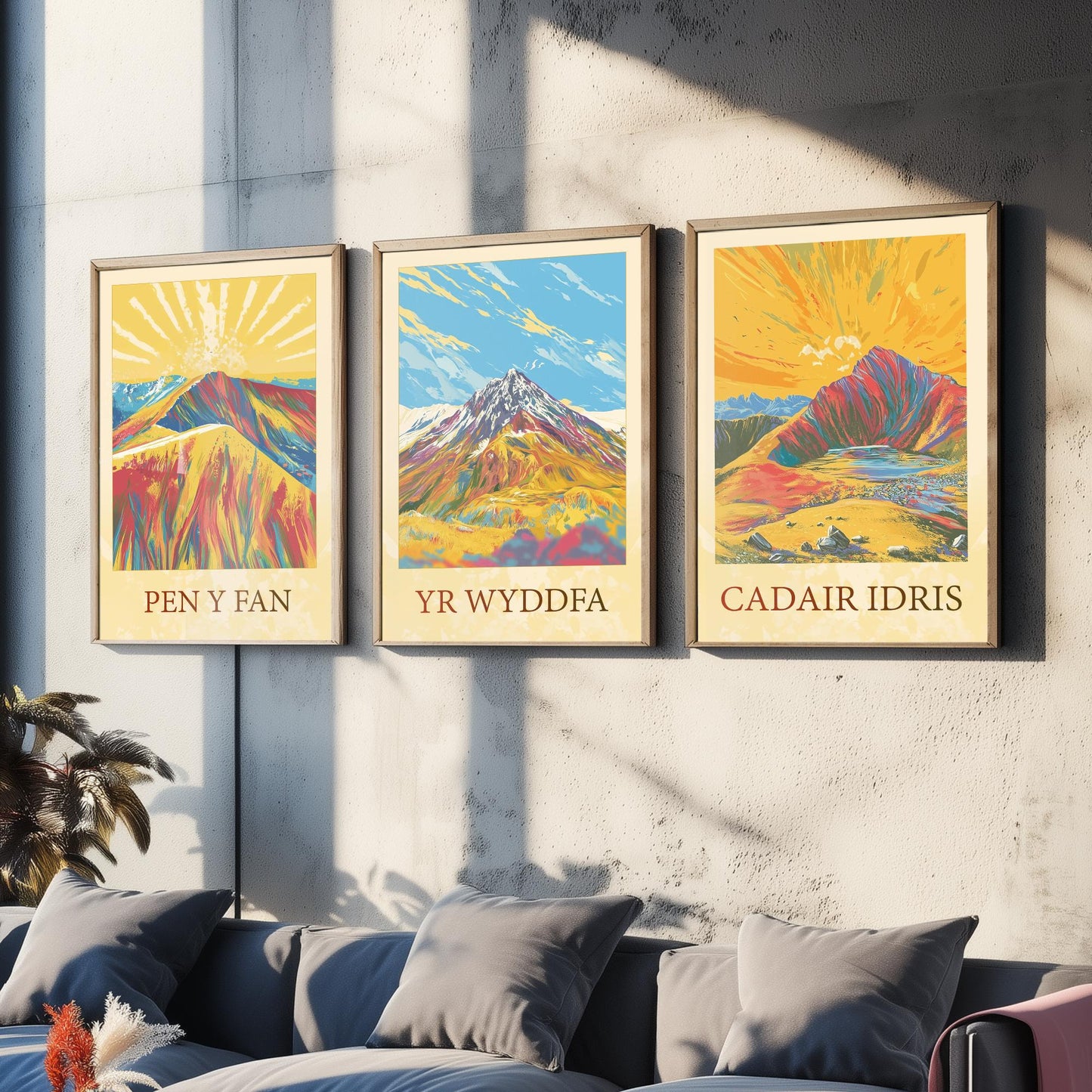 Peaks of Wales Set of Three Art Prints - Pen y Fan, Yr Wyddfa, Cadair Idris Mountain Posters - Sunny Illustration Gift