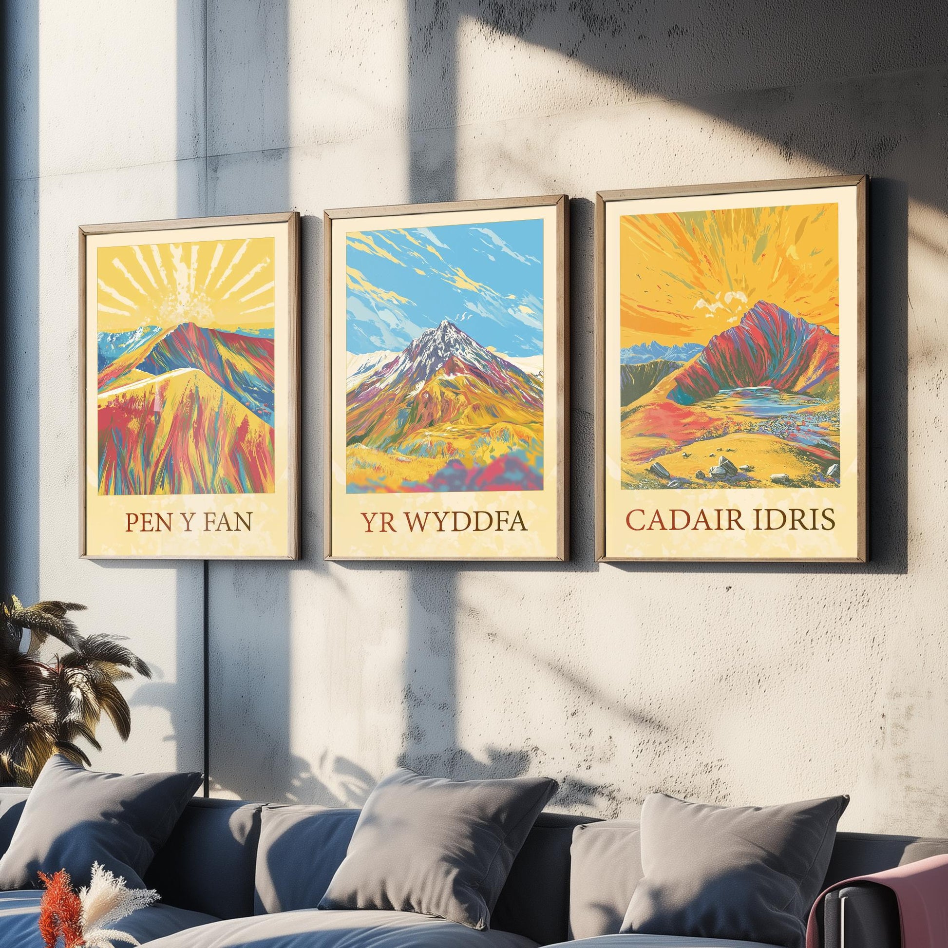 Peaks of Wales Set of Three Art Prints - Pen y Fan, Yr Wyddfa, Cadair Idris Mountain Posters - Sunny Illustration Gift