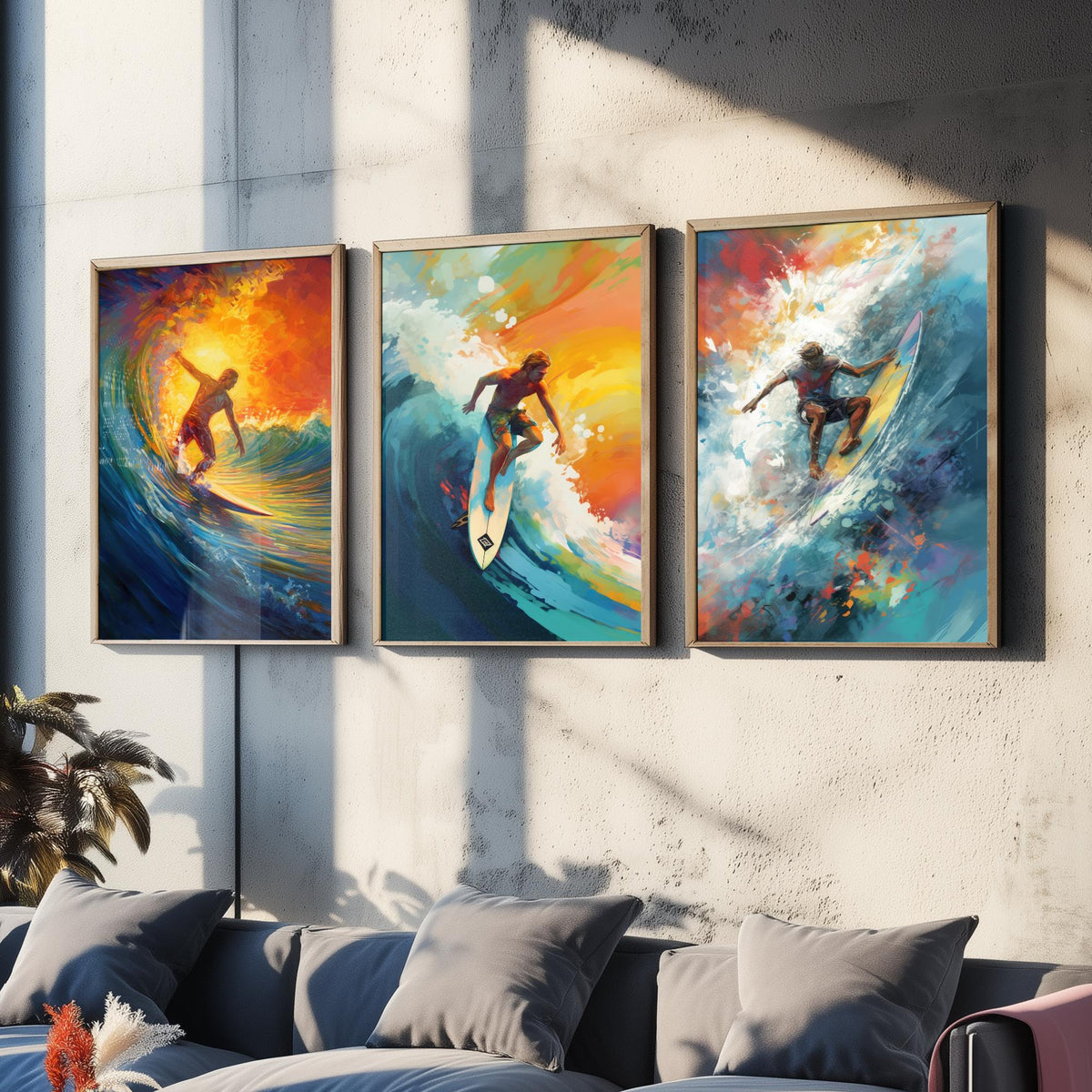 Surfer at Sunset Set of Three Art Prints - Riding Golden Waves - Expressive Surf Painting Poster