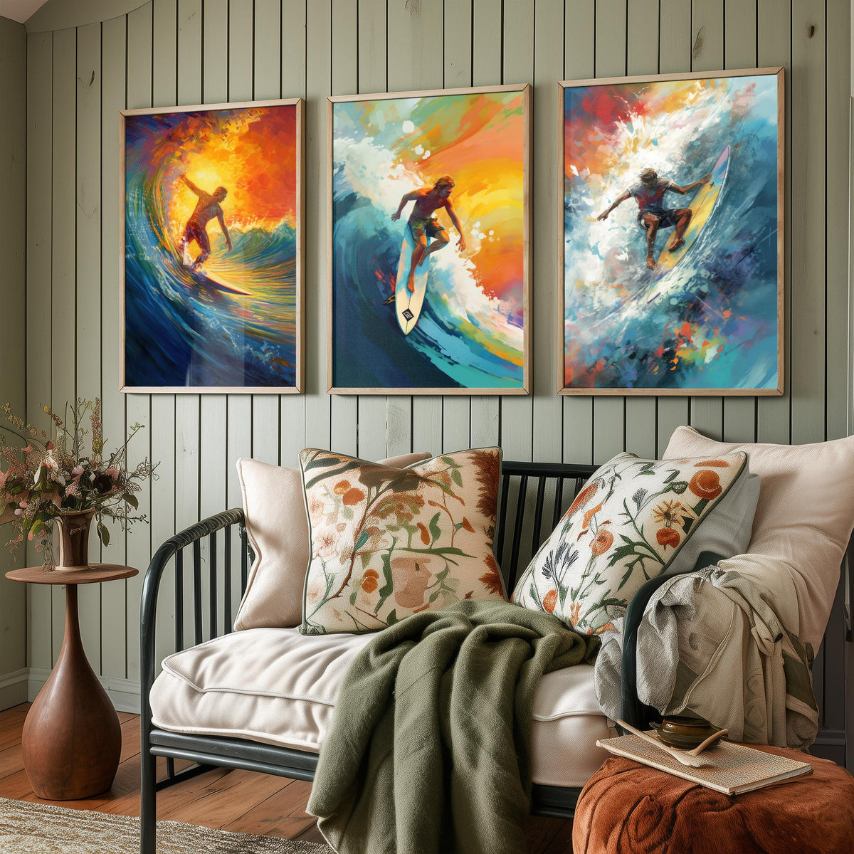 Surfer at Sunset Set of Three Art Prints - Riding Golden Waves - Expressive Surf Painting Poster