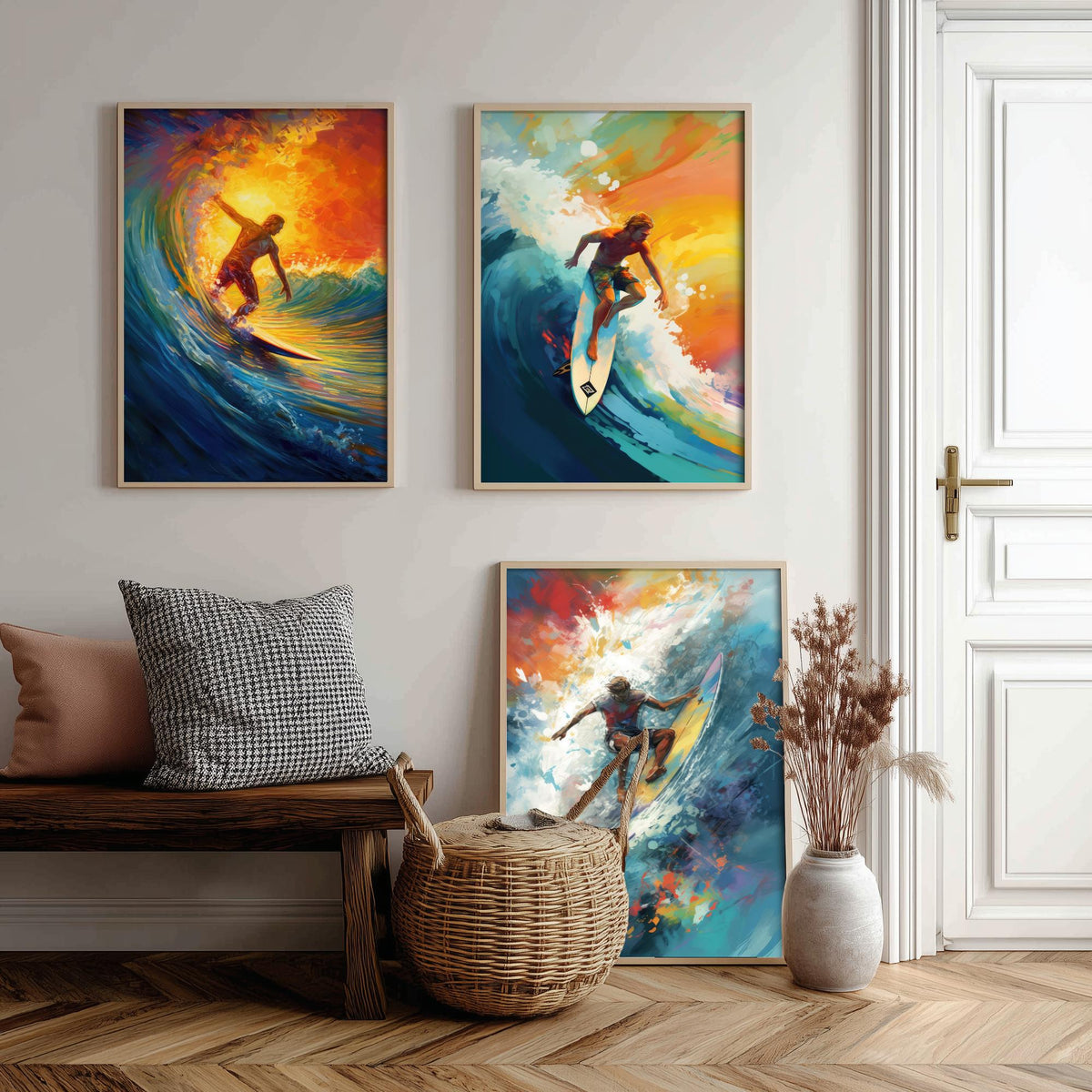 Surfer at Sunset Set of Three Art Prints - Riding Golden Waves - Expressive Surf Painting Poster