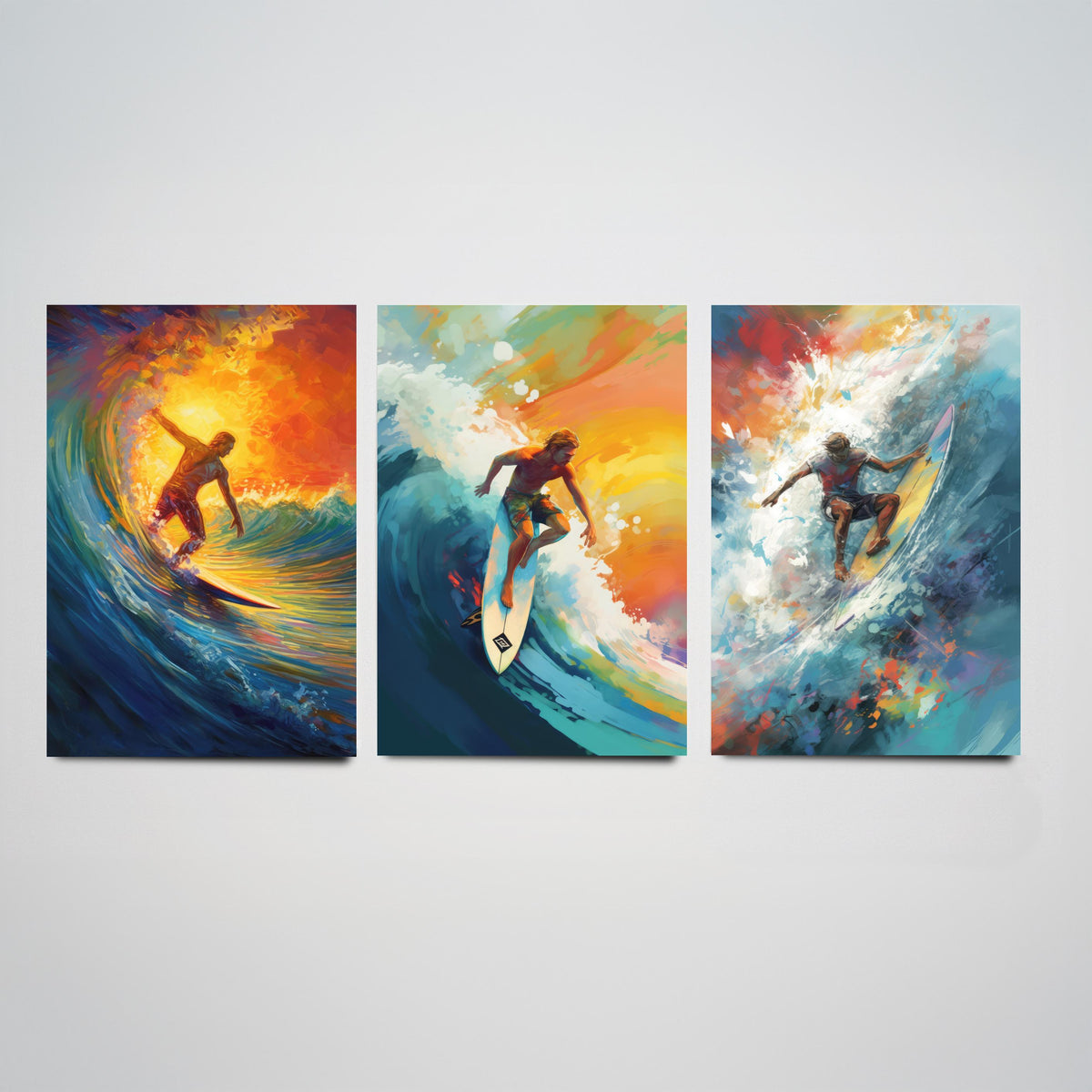 Surfer at Sunset Set of Three Art Prints - Riding Golden Waves - Expressive Surf Painting Poster