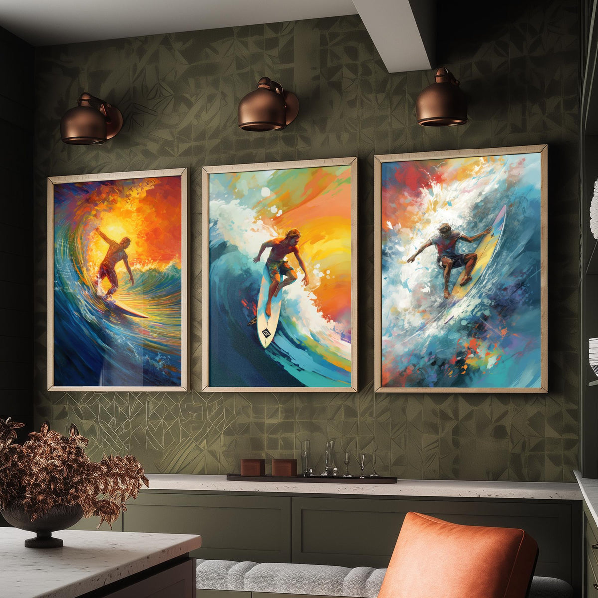 Surfer at Sunset Set of Three Art Prints - Riding Golden Waves - Expressive Surf Painting Poster