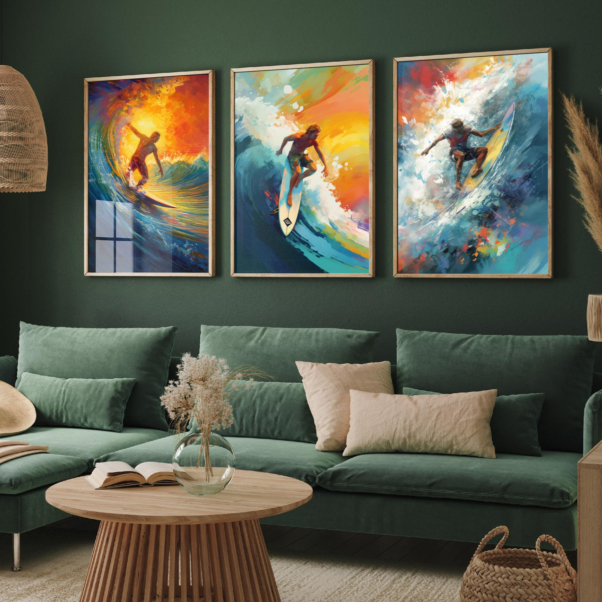 Surfer at Sunset Set of Three Art Prints - Riding Golden Waves - Expressive Surf Painting Poster