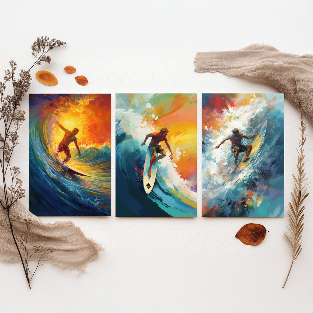 Surfer at Sunset Set of Three Art Prints - Riding Golden Waves - Expressive Surf Painting Poster