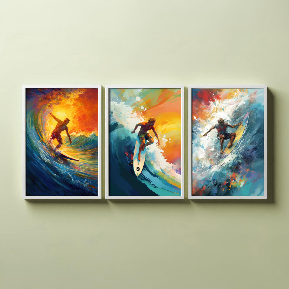 Surfer at Sunset Set of Three Art Prints - Riding Golden Waves - Expressive Surf Painting Poster
