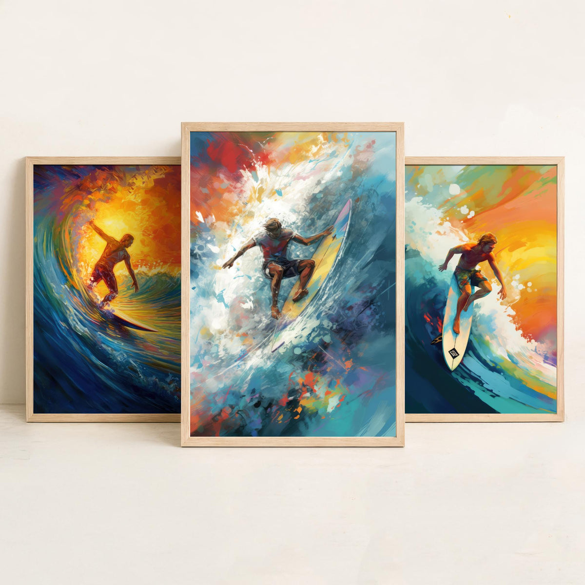 Surfer at Sunset Set of Three Art Prints - Riding Golden Waves - Expressive Surf Painting Poster