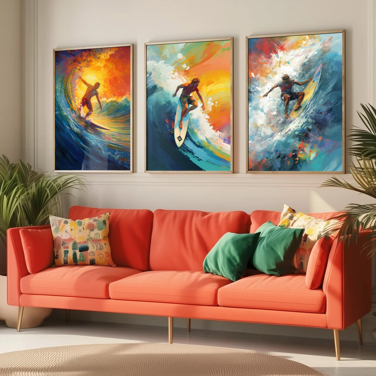 Surfer at Sunset Set of Three Art Prints - Riding Golden Waves - Expressive Surf Painting Poster