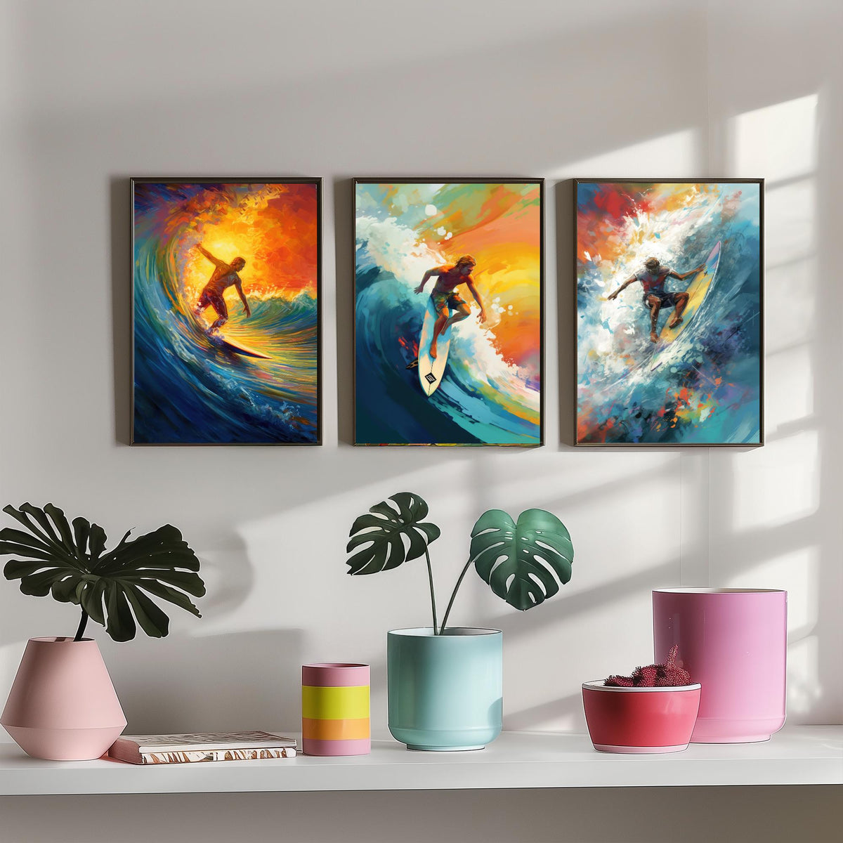 Surfer at Sunset Set of Three Art Prints - Riding Golden Waves - Expressive Surf Painting Poster