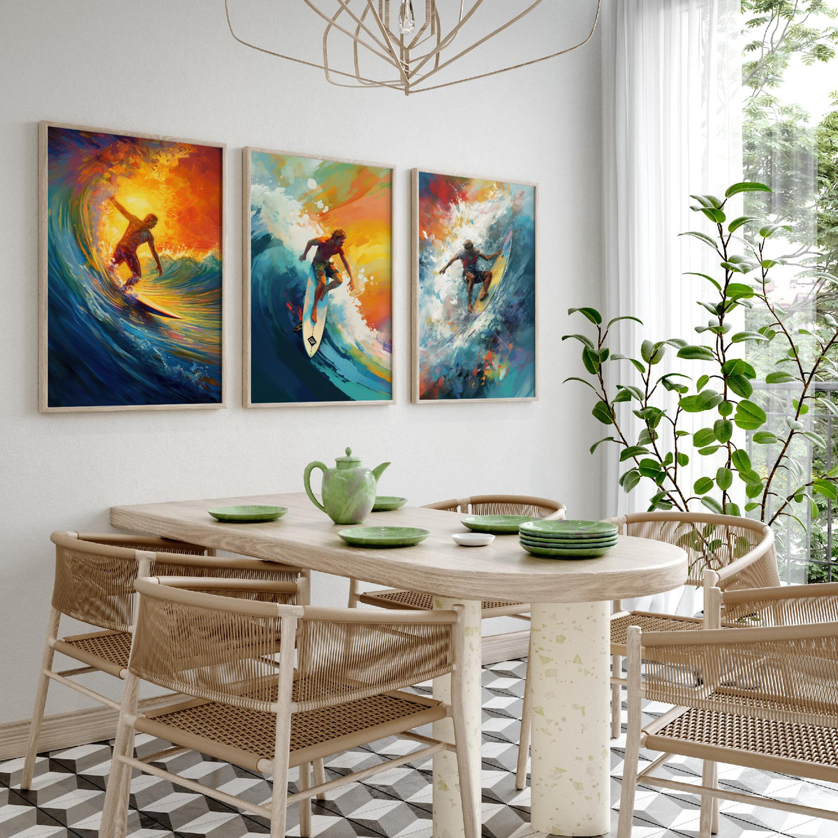 Surfer at Sunset Set of Three Art Prints - Riding Golden Waves - Expressive Surf Painting Poster