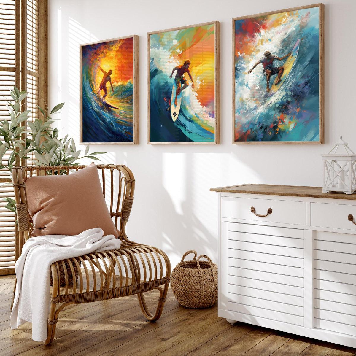 Surfer at Sunset Set of Three Art Prints - Riding Golden Waves - Expressive Surf Painting Poster