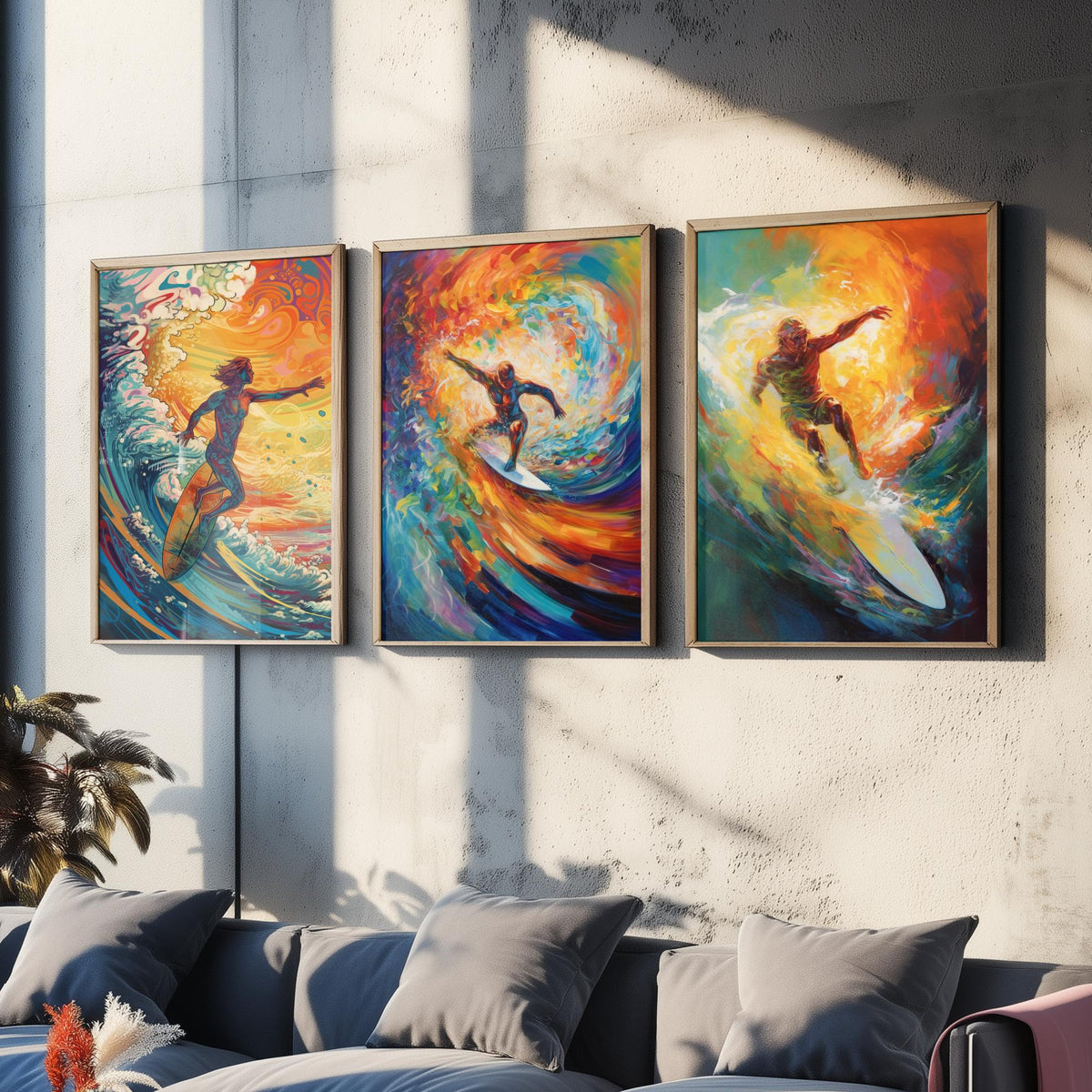 Psychedelic Surfers Set of Three Art Prints - Surfing Swirling Rainbow Waves - Vivid Surf Poster Illustration