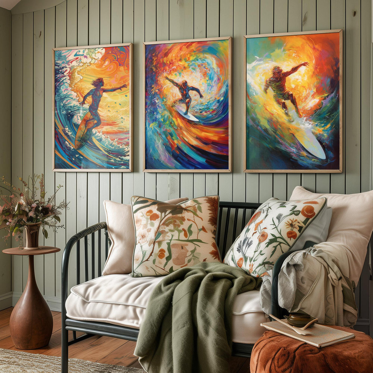 Psychedelic Surfers Set of Three Art Prints - Surfing Swirling Rainbow Waves - Vivid Surf Poster Illustration