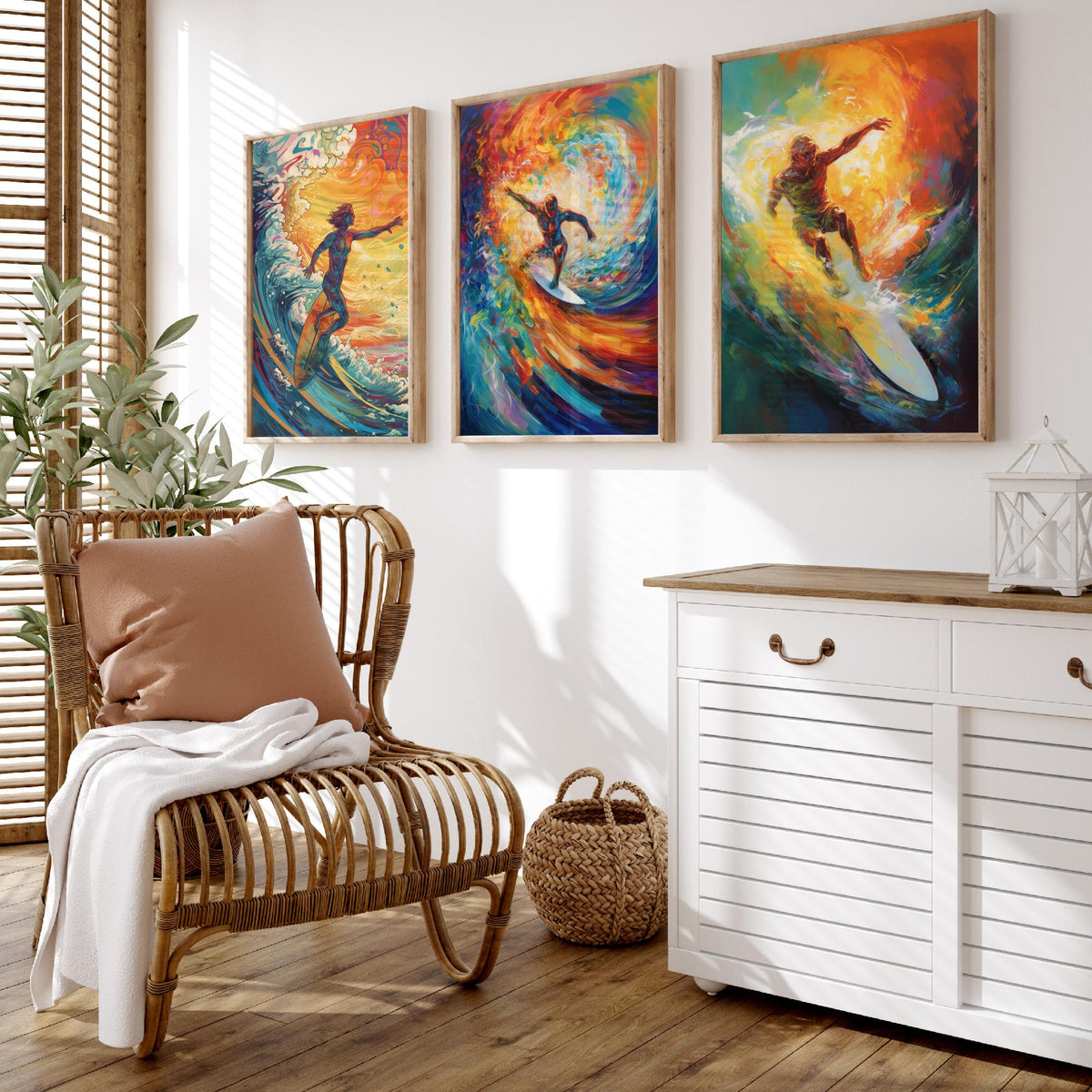Psychedelic Surfers Set of Three Art Prints - Surfing Swirling Rainbow Waves - Vivid Surf Poster Illustration