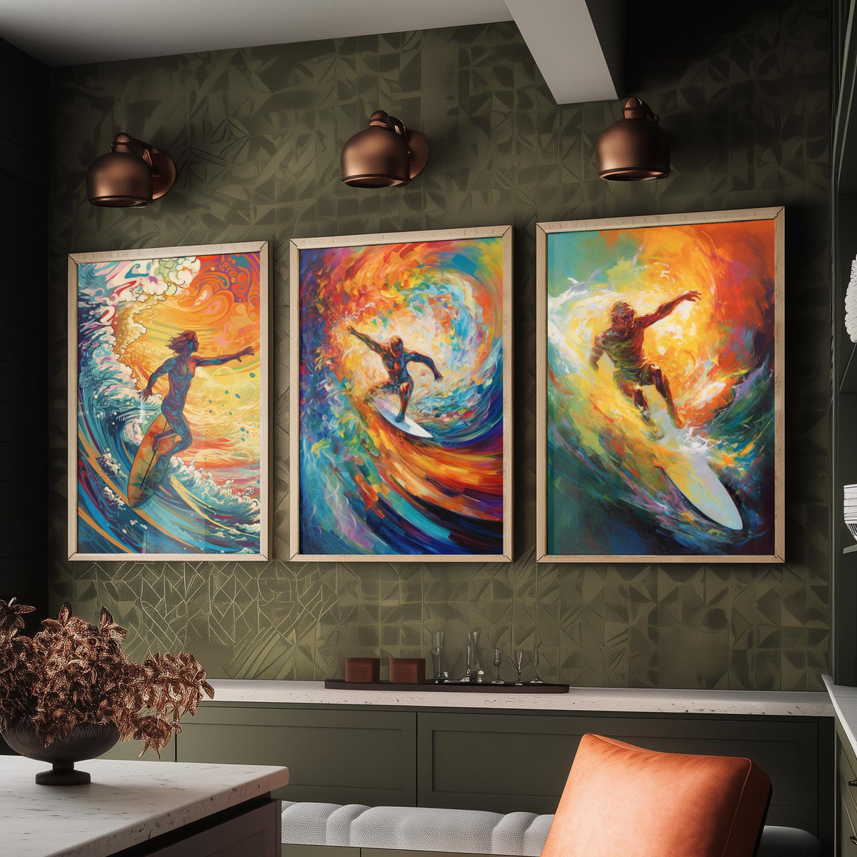 Psychedelic Surfers Set of Three Art Prints - Surfing Swirling Rainbow Waves - Vivid Surf Poster Illustration