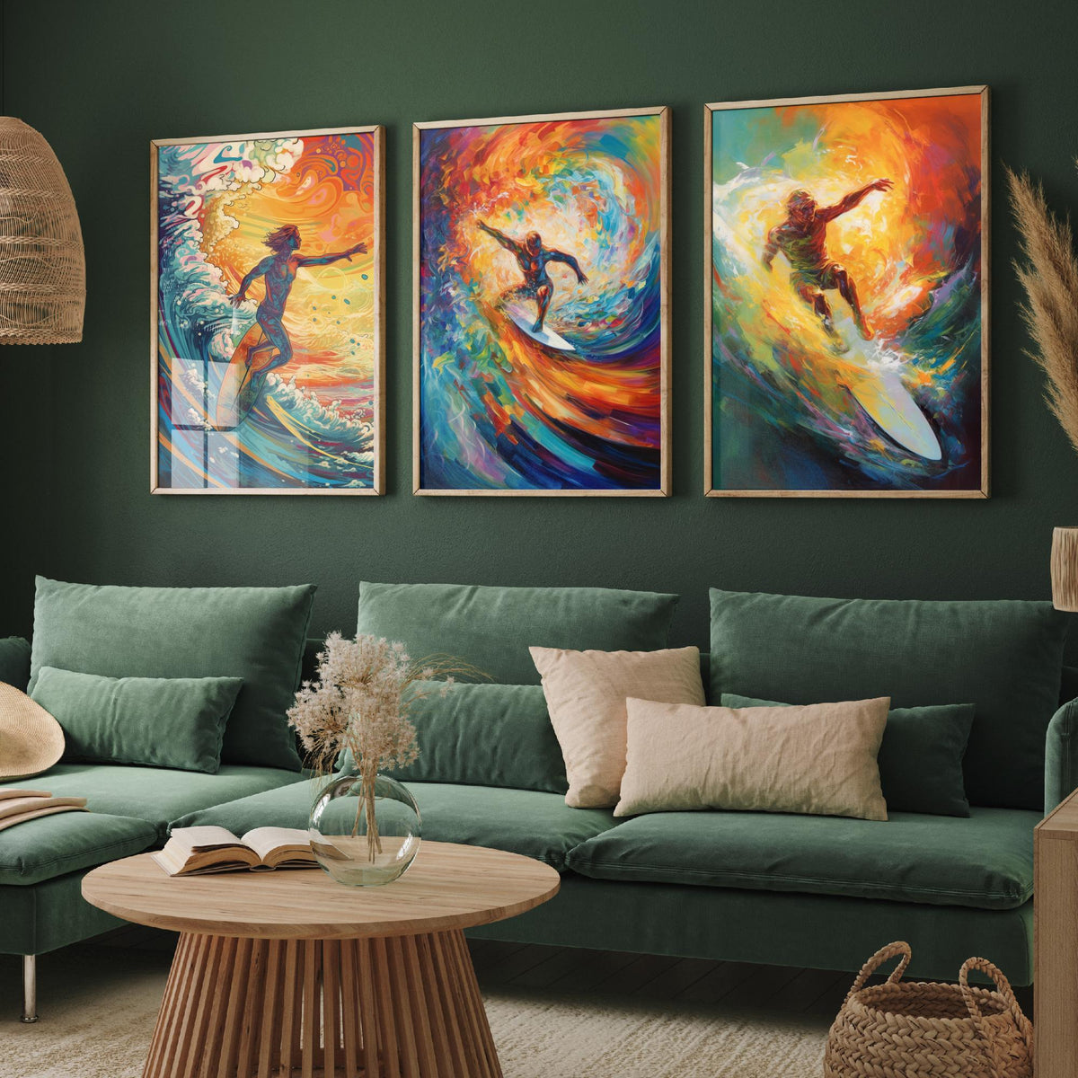 Psychedelic Surfers Set of Three Art Prints - Surfing Swirling Rainbow Waves - Vivid Surf Poster Illustration