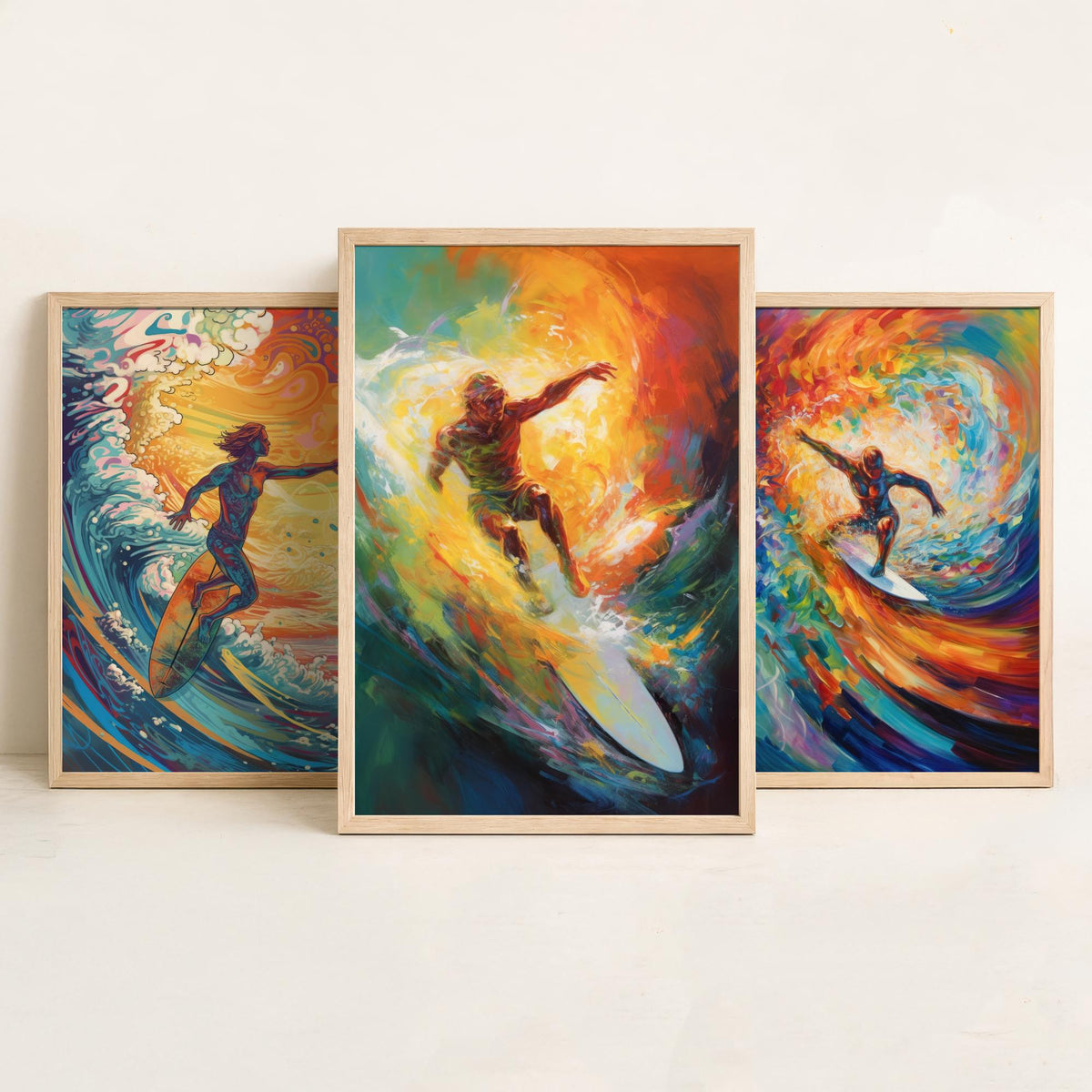 Psychedelic Surfers Set of Three Art Prints - Surfing Swirling Rainbow Waves - Vivid Surf Poster Illustration