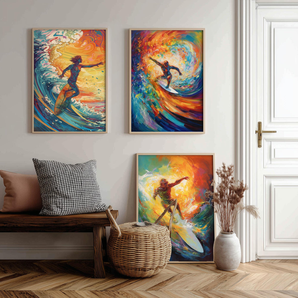 Psychedelic Surfers Set of Three Art Prints - Surfing Swirling Rainbow Waves - Vivid Surf Poster Illustration