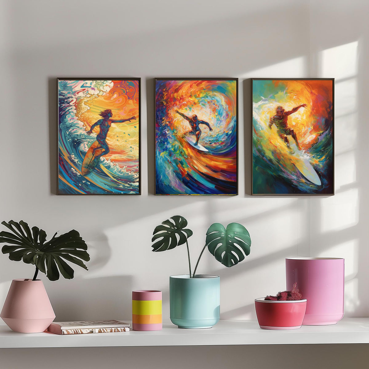 Psychedelic Surfers Set of Three Art Prints - Surfing Swirling Rainbow Waves - Vivid Surf Poster Illustration