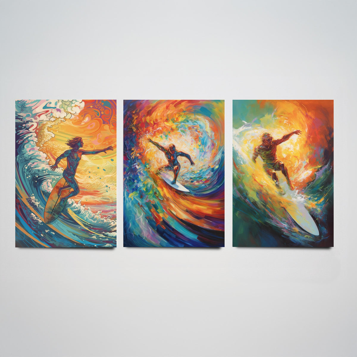 Psychedelic Surfers Set of Three Art Prints - Surfing Swirling Rainbow Waves - Vivid Surf Poster Illustration