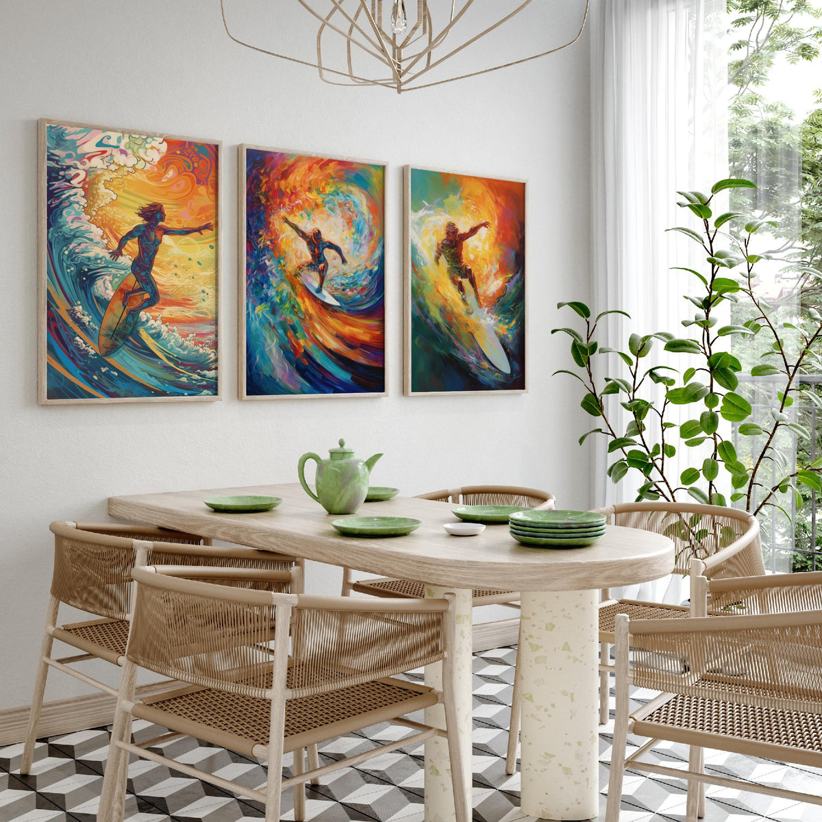 Psychedelic Surfers Set of Three Art Prints - Surfing Swirling Rainbow Waves - Vivid Surf Poster Illustration