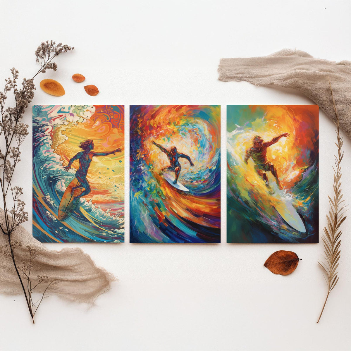 Psychedelic Surfers Set of Three Art Prints - Surfing Swirling Rainbow Waves - Vivid Surf Poster Illustration