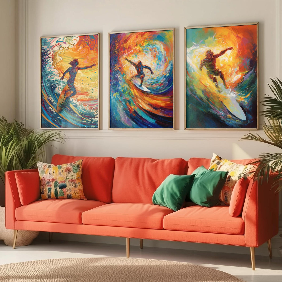 Psychedelic Surfers Set of Three Art Prints - Surfing Swirling Rainbow Waves - Vivid Surf Poster Illustration