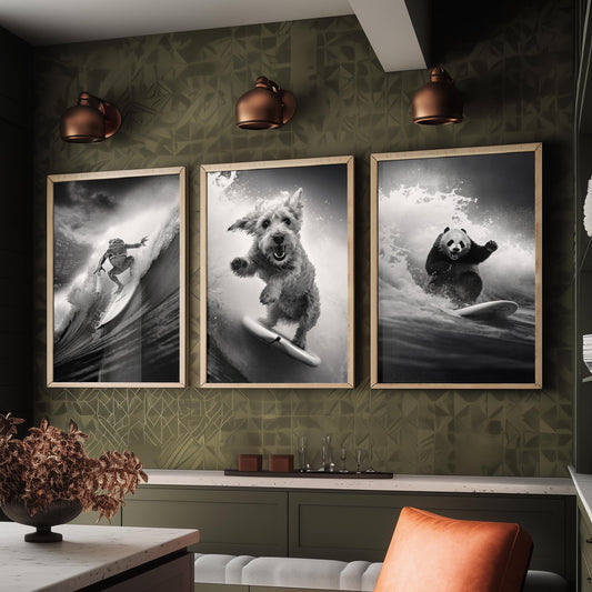Surfing Animals Set of Three Art Prints - Frog, Dog and Panda - Funny Black and White Photo Poster