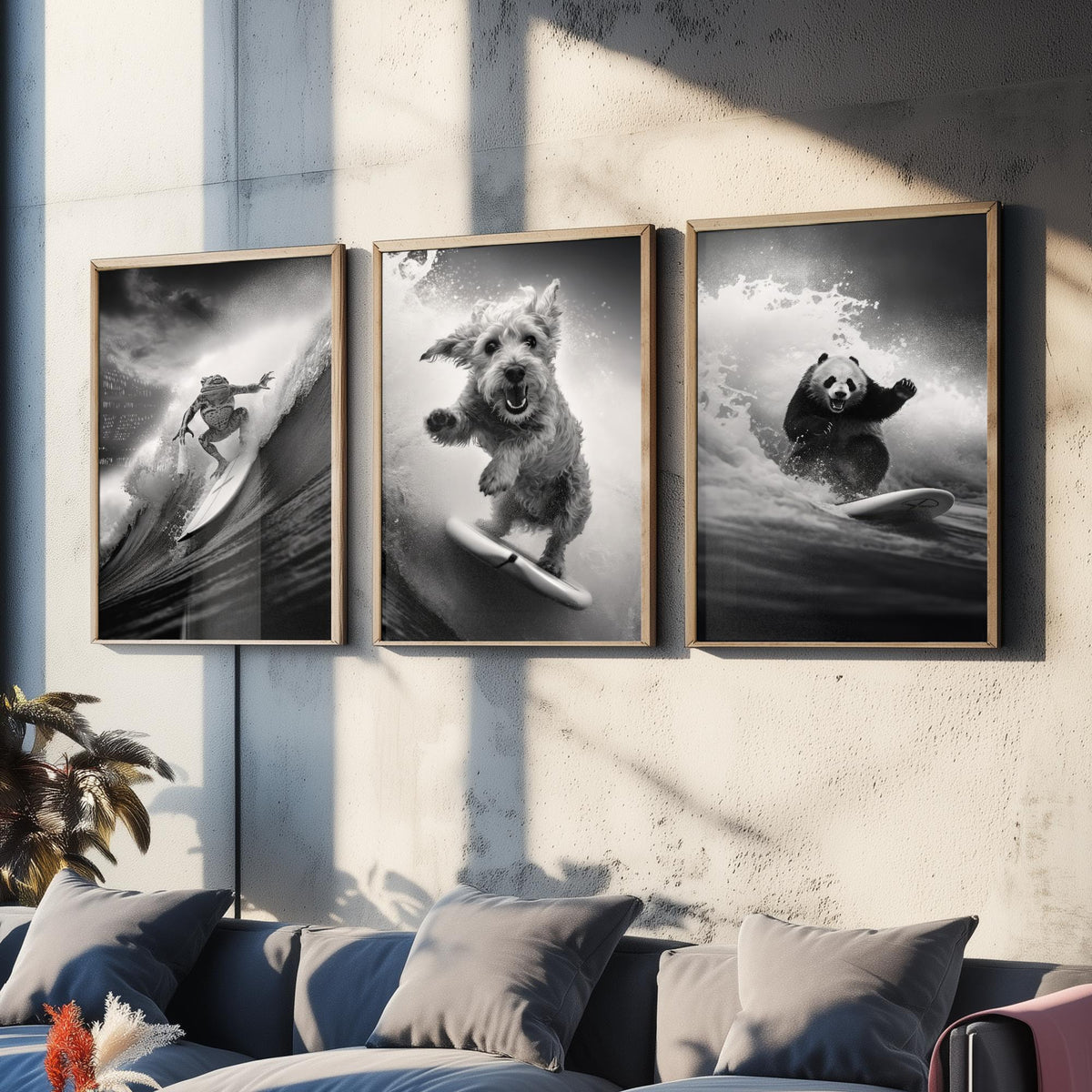 Surfing Animals Set of Three Art Prints - Frog, Dog and Panda - Funny Black and White Photo Poster