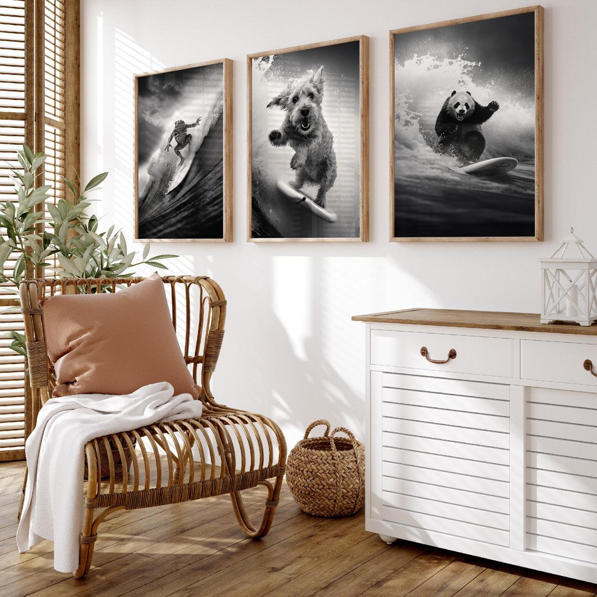 Surfing Animals Set of Three Art Prints - Frog, Dog and Panda - Funny Black and White Photo Poster