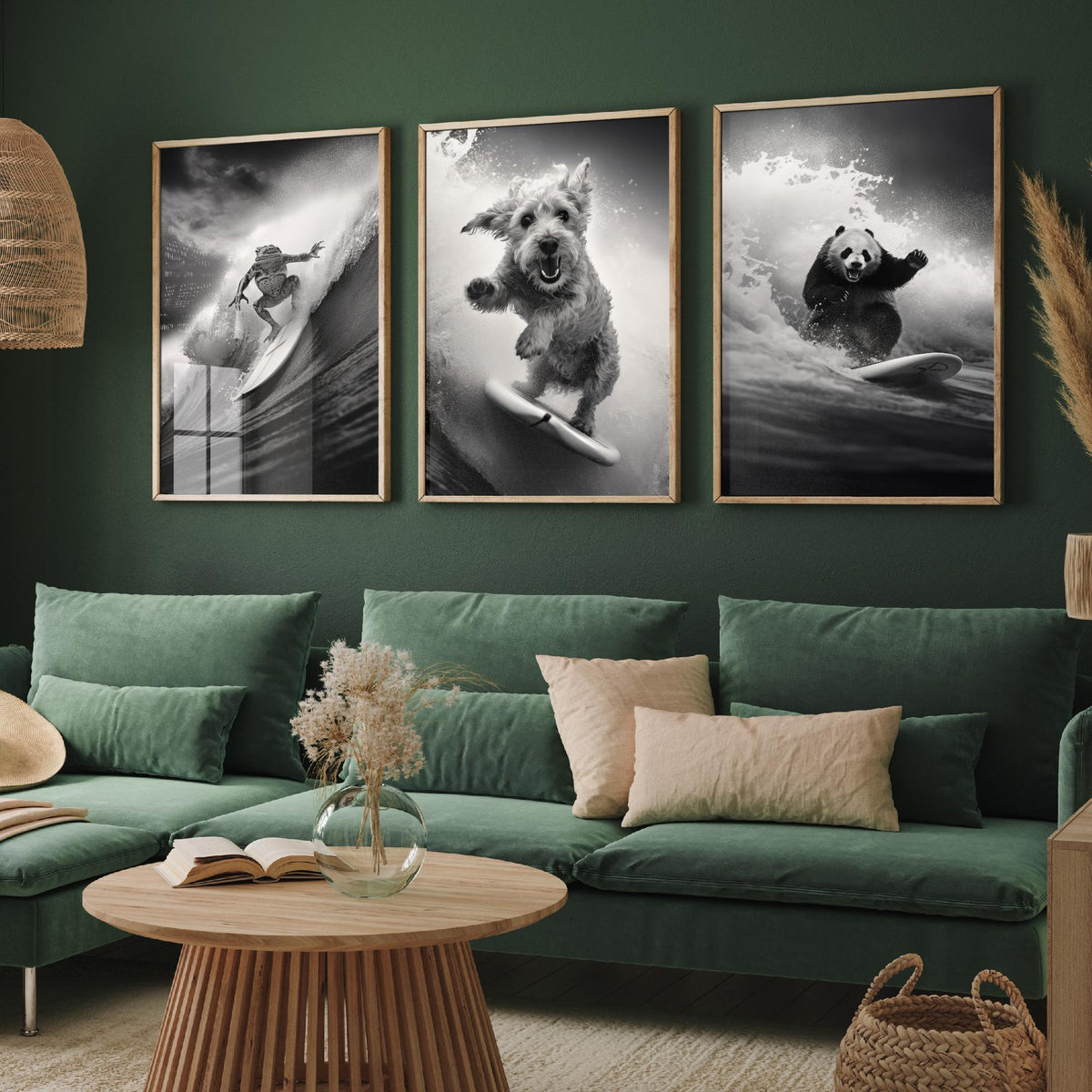 Surfing Animals Set of Three Art Prints - Frog, Dog and Panda - Funny Black and White Photo Poster