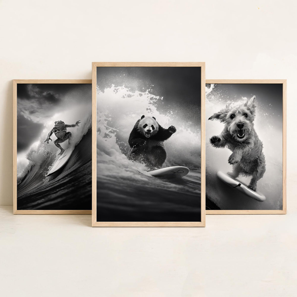 Surfing Animals Set of Three Art Prints - Frog, Dog and Panda - Funny Black and White Photo Poster