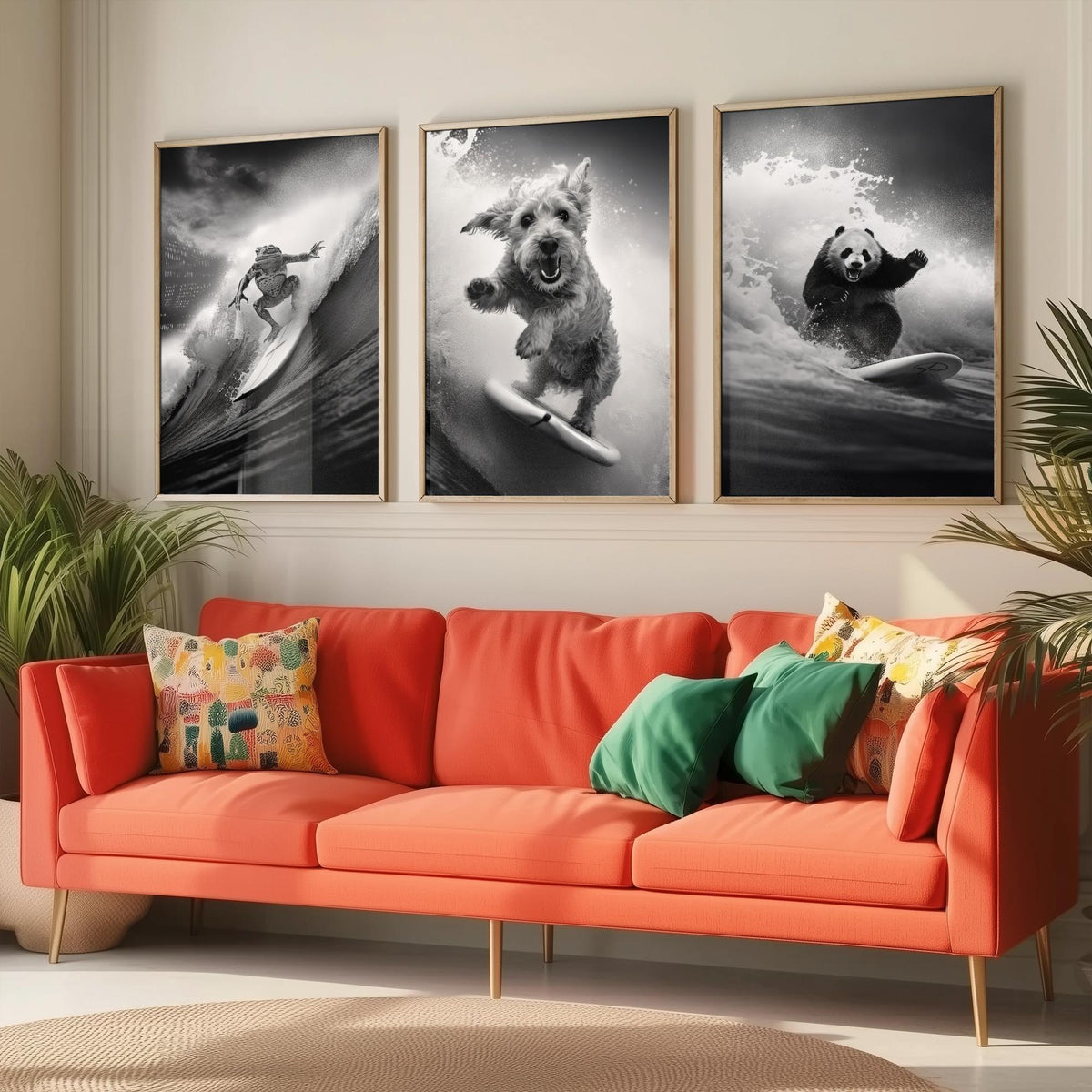 Surfing Animals Set of Three Art Prints - Frog, Dog and Panda - Funny Black and White Photo Poster