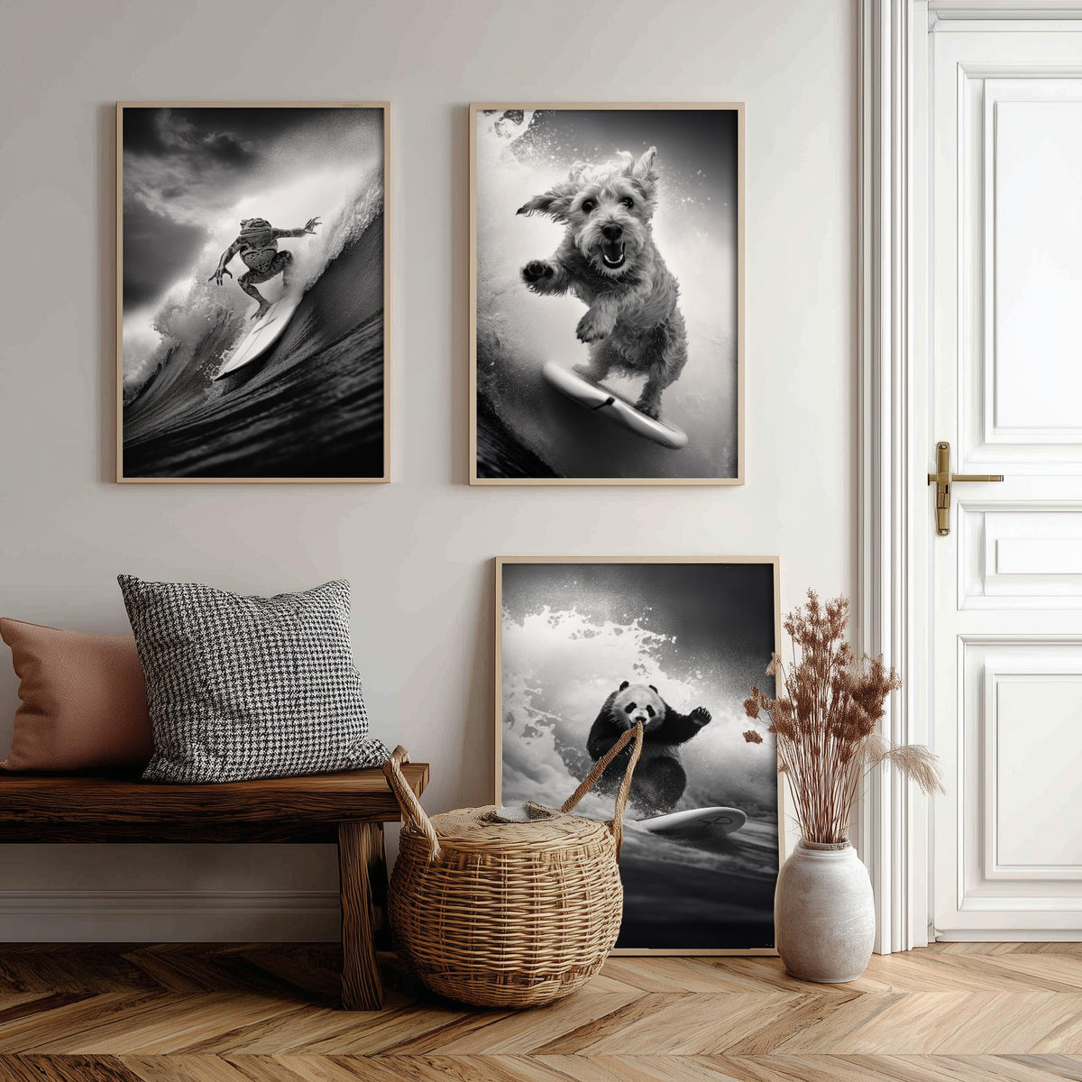 Surfing Animals Set of Three Art Prints - Frog, Dog and Panda - Funny Black and White Photo Poster