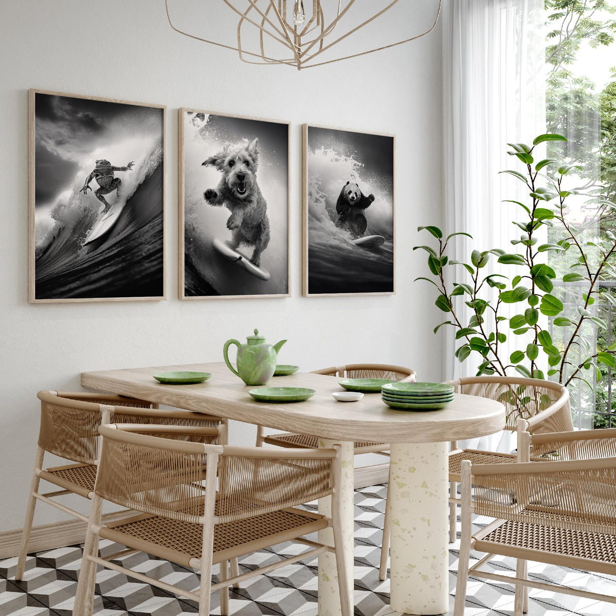 Surfing Animals Set of Three Art Prints - Frog, Dog and Panda - Funny Black and White Photo Poster