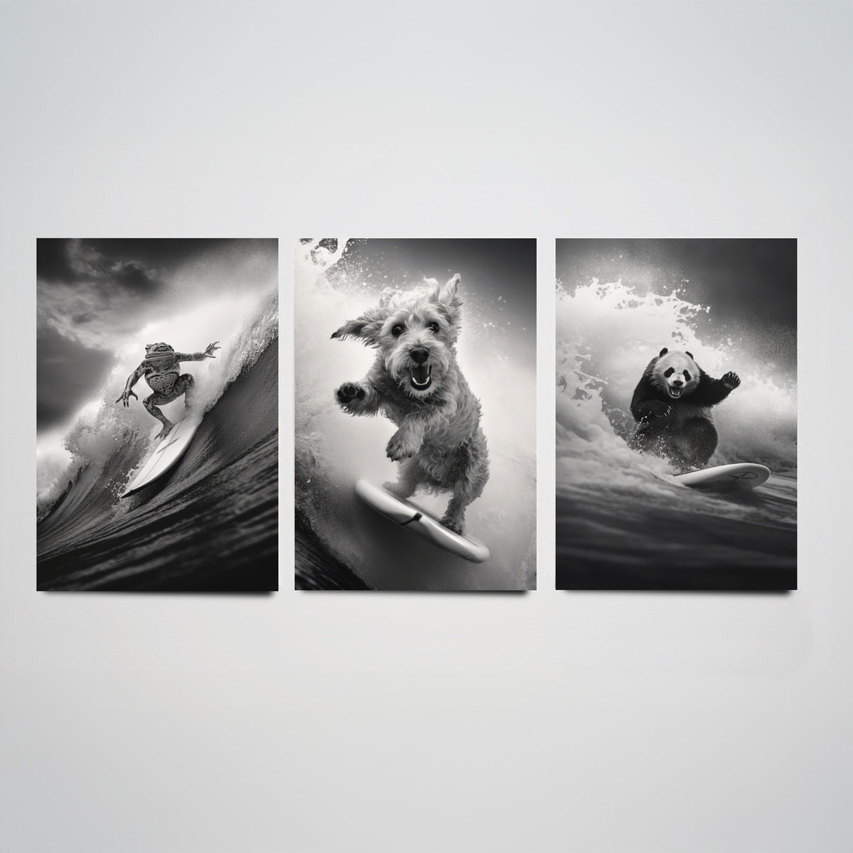 Surfing Animals Set of Three Art Prints - Frog, Dog and Panda - Funny Black and White Photo Poster