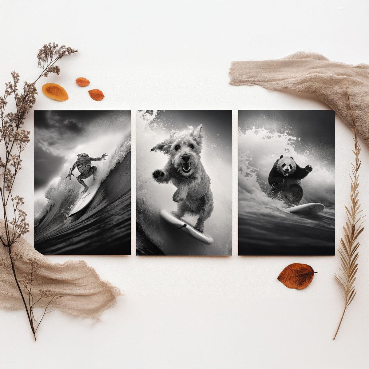 Surfing Animals Set of Three Art Prints - Frog, Dog and Panda - Funny Black and White Photo Poster