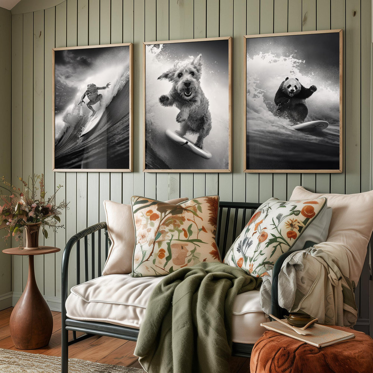 Surfing Animals Set of Three Art Prints - Frog, Dog and Panda - Funny Black and White Photo Poster