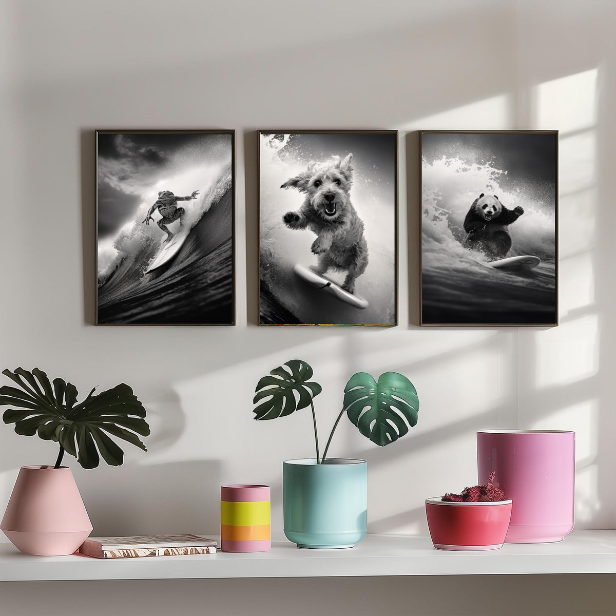 Surfing Animals Set of Three Art Prints - Frog, Dog and Panda - Funny Black and White Photo Poster